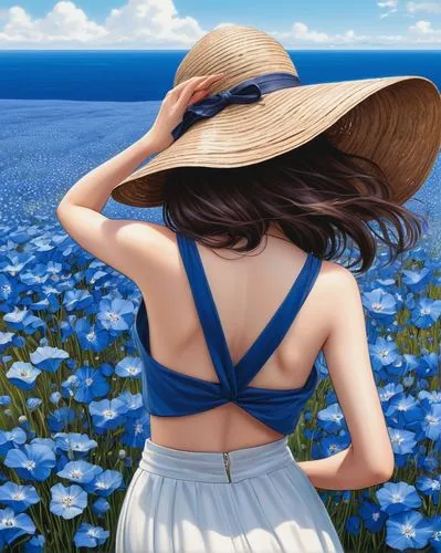 blue daisies,blue petals,anemone coronaria,seaside daisy,straw hat,blue anemone,forget-me-not,anemone blanda,summer anemone,sea of flowers,sun hat,himilayan blue poppy,summer flower,forget me not,high sun hat,blue flower,blue painting,summer hat,blooming field,blue rose,Conceptual Art,Daily,Daily 34