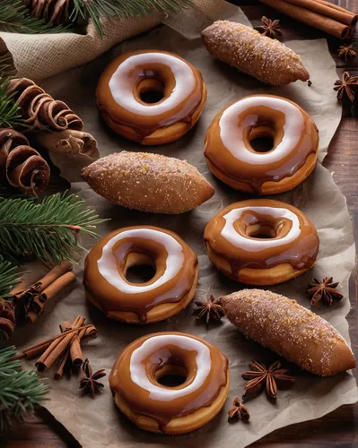 Five glazed gingerbread donuts and one plain gingerbread donut scattered on a piece of paper with two sticks of cinnamon on the sides of the donuts. Pine branches are at the bottom left and top right 