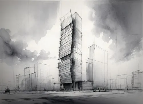 Building Sketch Concept,a drawing of a building in a big field,unbuilt,supertall,skyscraping,skyscraper,the skyscraper,high-rise building,Conceptual Art,Daily,Daily 32