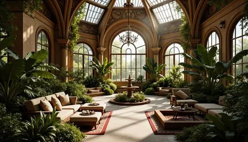 Ornate greenhouse, lush tropical plants, delicate vines, intricate stone carvings, grandiose archways, ornamental fountains, soft natural lighting, warm golden tones, rustic wooden beams, elegant chan