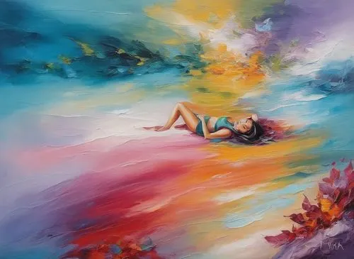 girl lying on the grass,dreamscapes,dream art,woman laying down,art painting,oil painting on canvas,dreamscape,fallen colorful,colorful background,pintura,dreamtime,synesthesia,fluidity,abstract painting,vibrantly,vibrancy,dance with canvases,oil painting,languid,dreamer,Illustration,Paper based,Paper Based 04