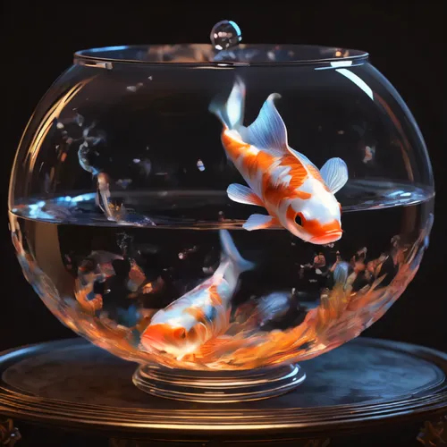 A transparent holographic koi fish is diving into a glowing transparent porcelain bowl making a huge splash, close up, black background, holographic ambient rim lighting, detailed, masterpiece, sharp 