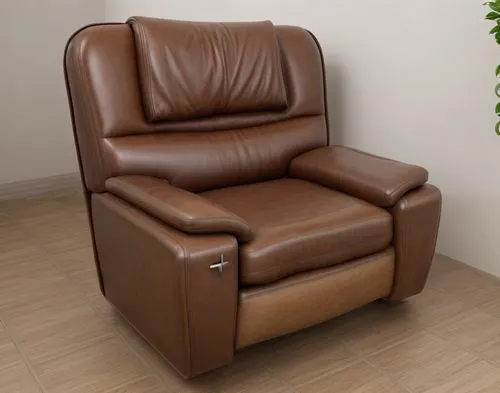 

Aged leather armchair, only made of one material, brown, oak wood floor and a plant next to the armchair.,recliner,chair png,seating furniture,sleeper chair,armchair,wing chair,club chair,massage ch