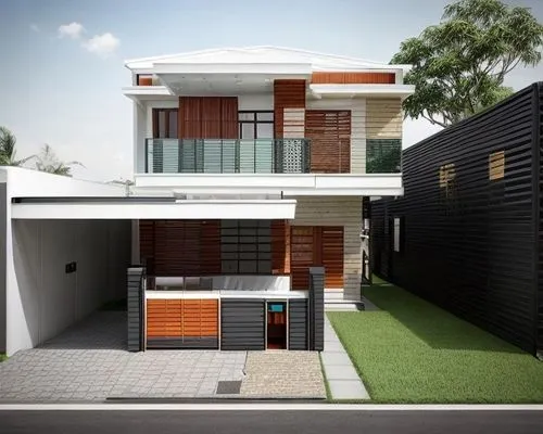 rumah modern dengan taman kecil didepan pagar, ada mobil di carport kanan dan kiri di depan sendiri ada jalan raya,modern house,residential house,two story house,floorplan home,3d rendering,house shap