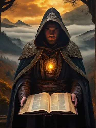 Book cover, fantasy novel, mysterious atmosphere, misty mountains, ancient trees, glowing runes, leather-bound tome, worn edges, golden lettering, ornate frame, 3D embossing, dramatic lighting, intens