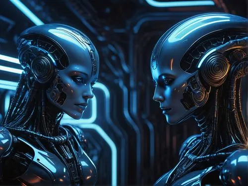 Highly detailed, realistic AI art, futuristic sci-fi atmosphere, neon lights reflecting off metallic surfaces, sleek robotic characters, intricate mechanical limbs, glowing blue circuits, holographic 