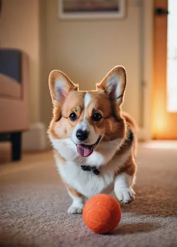 Corgi, Reddit, cute, fluffy, short legs, red fur, floppy ears, big eyes, sitting, lying down, playing, running, chasing, ball, toy, carpet, floor, home, interior, natural light, warm atmosphere, shall