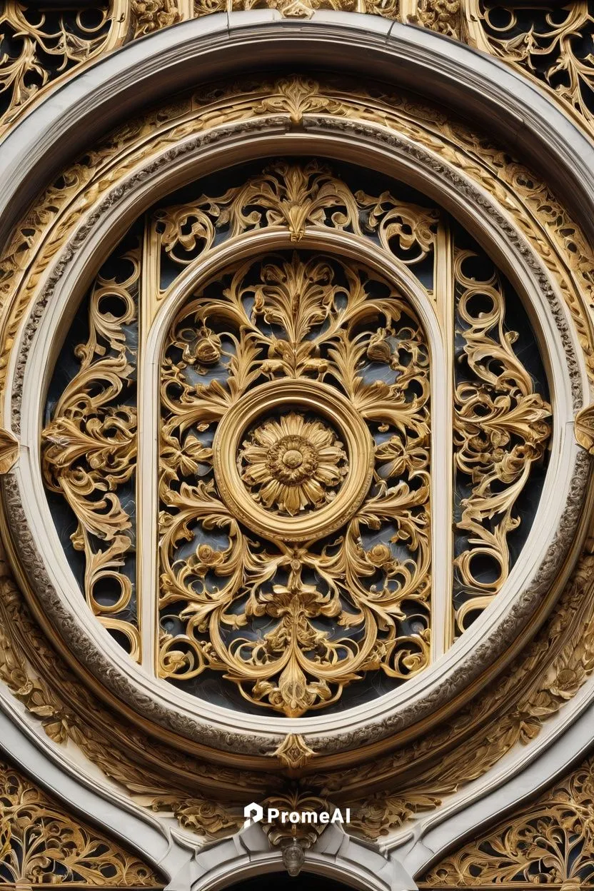 Architectural medallions, ornate details, intricately carved, golden metallic material, circular shape, symmetrical composition, ornate patterns, floral motifs, Victorian-era inspired, luxurious, rega