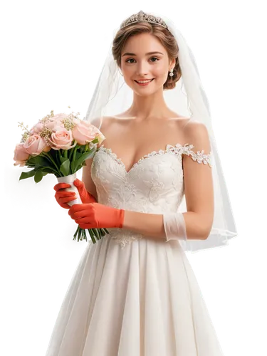 Bride, white wedding dress, flowing veil, delicate lace, sparkling tiara, elegant updo, subtle makeup, rosy cheeks, slender neck, porcelain skin, gentle smile, holding bouquet, standing pose, soft foc