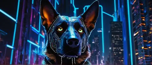 German Shepherd AI, robotic dog, shiny metallic body, glowing blue eyes, standing, futuristic cityscape, neon lights reflecting off metal, detailed circuitry patterns on body, holographic display scre