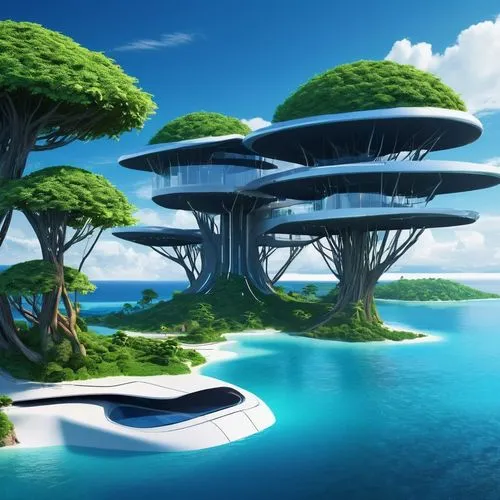 floating islands,futuristic landscape,floating island,mushroom island,artificial islands,arcology,seasteading,terraformed,futuristic architecture,island suspended,an island far away landscape,islet,islands,ecotopia,islets,treehouses,mushroom landscape,sky space concept,biomes,flying island,Conceptual Art,Sci-Fi,Sci-Fi 10