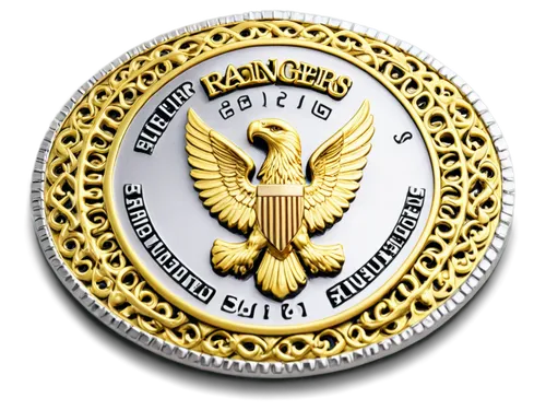 Ranger's badge, gold and silver metal, intricate design, eagle emblem, bold font, shiny surface, detailed texture, close-up shot, 45-degree angle, dramatic lighting, high contrast, cinematic compositi