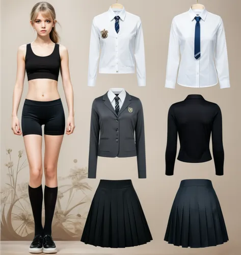 Paper doll British school girl in black sleeveless shirt ,black tight fit spandex shorts with black sock and shoe standing surrounded by with a set of british school uniform, shirt, grey pleated skirt