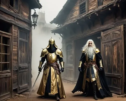 a golden knight and a black mage with long white hair prepare to fight against evil forces, a dark and ethereal atmosphere,custodes,guards of the canyon,dragonlance,jarls,priesthoods,clerics,mages,war