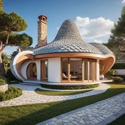 An unusual residence, distinguished by its design featuring ears, architecture, unique, elegant curves, playful, surreal, whimsical masonry, geometric tiled roof, inviting, hyperrealistic rendering,ro