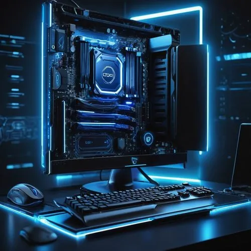 Linux, futuristic, high-tech, complex motherboard, CPU, GPU, RAM, silver metallic casing, sleek lines, neon blue lights, glowing circuitry, wires, microchips, fans, vents, modern keyboard, mouse, mini