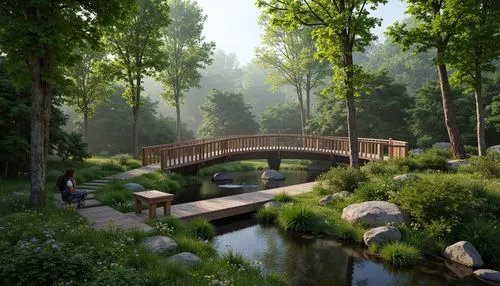 wooden bridge,japanese garden,riverwood,nature garden,garden pond,forest landscape,3d rendering,wetland,adventure bridge,river landscape,landscape background,landscaped,streamwood,streamside,forest lake,greenforest,pond,forest path,scenic bridge,river bank