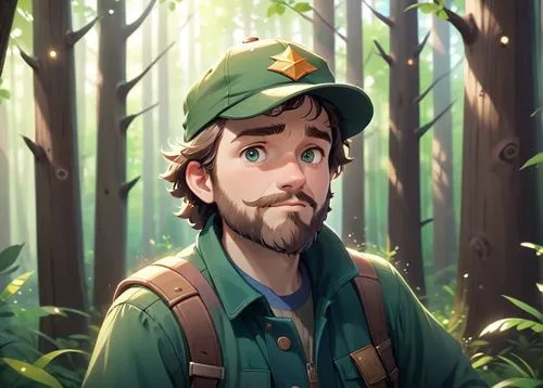 A 45 year old man, he is a forester,a man in the forest with a camera taking a po,lumberjax,forest man,farmer in the woods,lumberman,kovic,forest work,Anime,Anime,Cartoon