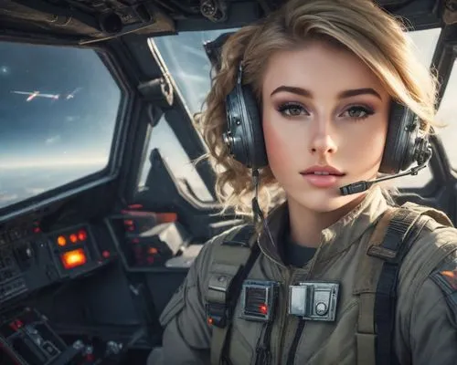 a beautiful blonde X-Wing pilot sitting in the cockpit, cinematic, dramatic lighting, 4k,helicopter pilot,fighter pilot,flight engineer,pilot,drone operator,flight attendant,bomber,air force,stewardes