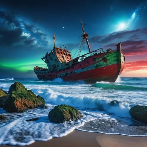 other planet seashore with large crashing waves, large rocks,  shipwreck, space scene in sky, night time. hues of blue, red  and green. there is also a shipwreck on the beach. ,a boat on the beach und