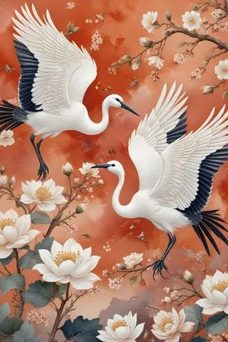 two birds flying next to each other over water,oriental painting,japanese art,birds in flight,bird painting,flower and bird illustration,japanese floral background