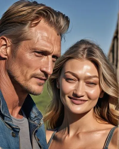 Gigi Hadid and Alexander Skarsgard like a old couple, age of 50 years old, beautiful older woman and older man. Wrinkles on the skin, gray hair, smile. Farm,a couple is posing together near each other