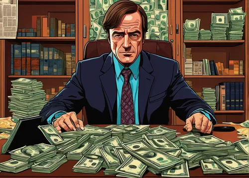 Illustrate an intense Breaking Bad poster with Saul Goodman in his lawyer office, surrounded by stacks of cash and legal documents.,lee child,money case,game illustration,an investor,financial advisor