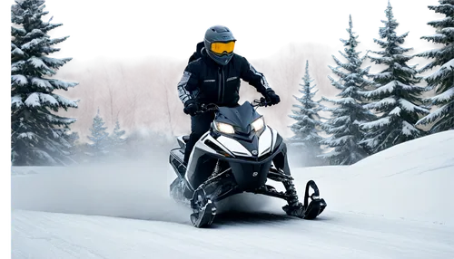 Snowmobile, winter scene, solo, dynamic pose, speeding, frozen lake, mountain slope, frosty trees, rider wearing helmet, goggles, warm clothing, gloves, boots, Yamaha or Arctic Cat brand, shiny metall