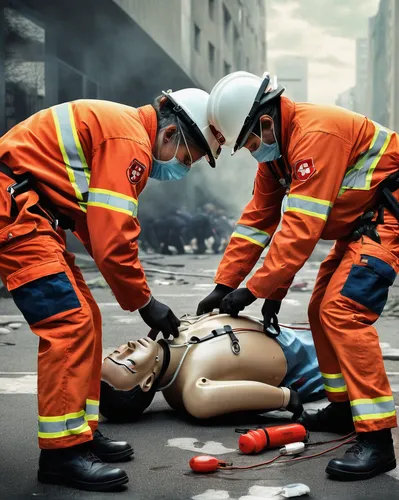 resuscitation, emergency medical scene, unconscious character, first aid, CPR, defibrillator, tense atmosphere, life-saving actions, paramedics, ambulance, outdoor accident site, city background, byst