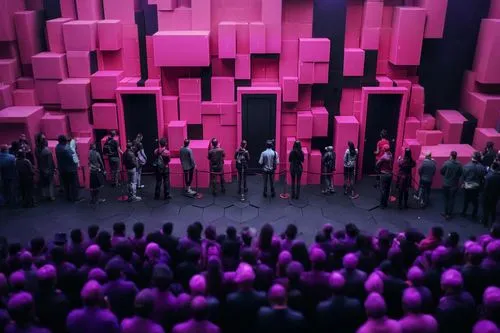 pink squares,stage design,anechoic,chorus,audience,cubes,hall of the fallen,choral,choir,magenta,pink family,connect 4,color wall,immenhausen,cube sea,concert stage,the hive,cube background,crowd,the 