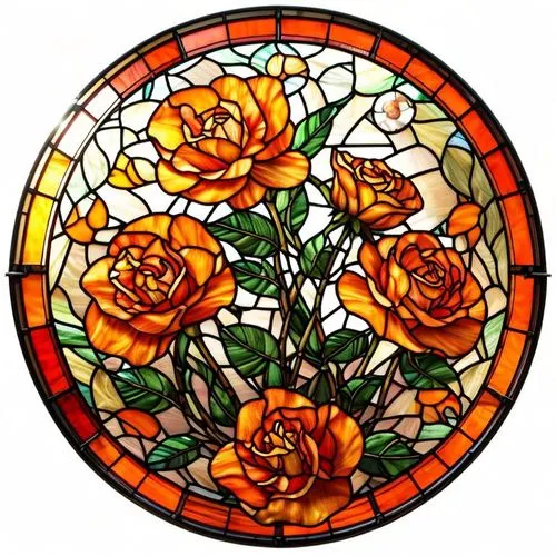 mosaic glass,stained glass window,stained glass,stained glass windows,stained glass pattern,art nouveau design,floral ornament,art nouveau,round window,roses pattern,roses frame,orange roses,decorative plate,leaded glass window,rose arrangement,floribunda,noble roses,yellow orange rose,yellow rose background,art deco ornament