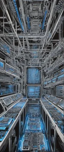 supercomputer,supercomputers,datacenter,computer art,mainframes,neutrino,backplane,fractal environment,cyberspace,cyberview,data center,fractal design,ufo interior,modules,cern,sulaco,silico,petaflops,spaceship interior,computational,Illustration,Black and White,Black and White 30