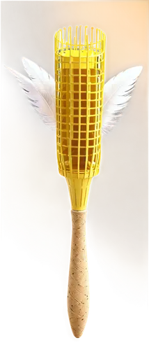 Badminton shuttlecock, white feathers, yellow cork base, rounded tip, thin tail, detailed texture, rotating motion, slow-motion capture, high-speed photography, sharp focus, blurred background, 3/4 co