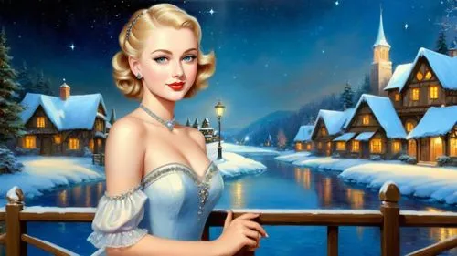 Romantic masterpiece oil painting, cute girl portrait, nostalgic 1950's style kitsch, breathtaking beautiful winter kingdom landscape, majestic fantasy scenery, evening lighting, highly detailed highr