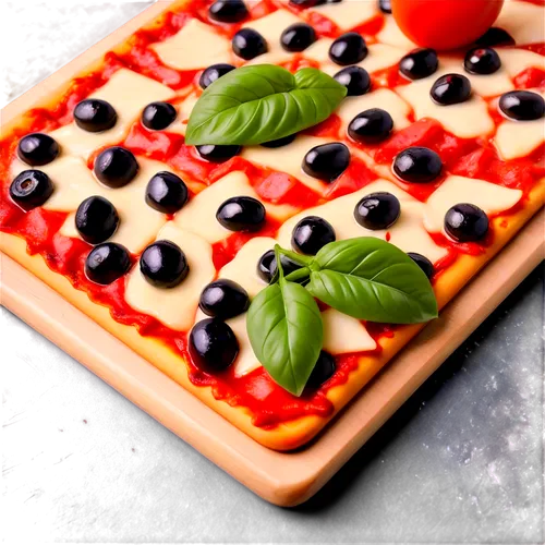 Italian style pizza, rectangular shape, thick crust, golden brown color, melted mozzarella cheese, fresh tomato sauce, basil leaves, olives, pepperoni slices, wooden cutting board, rustic background, 