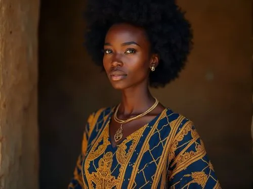 Indigo dyed fabric, cultural heritage, traditional African clothing, dashiki pattern, adinkra symbols, intricately embroidered, golden thread, majestic queen, confident posture, Afro hairstyle, bold n