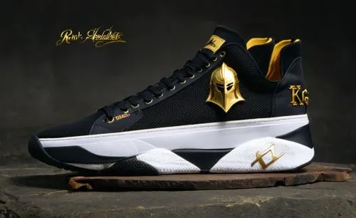 Mesh sneaker, two color sock collar, "knight helmet" logo, "KNIGHTS" gothic letters on back, logo on sole, all black with gold and white accent color scheme ,Team court shoe knights black/gold,arcaron