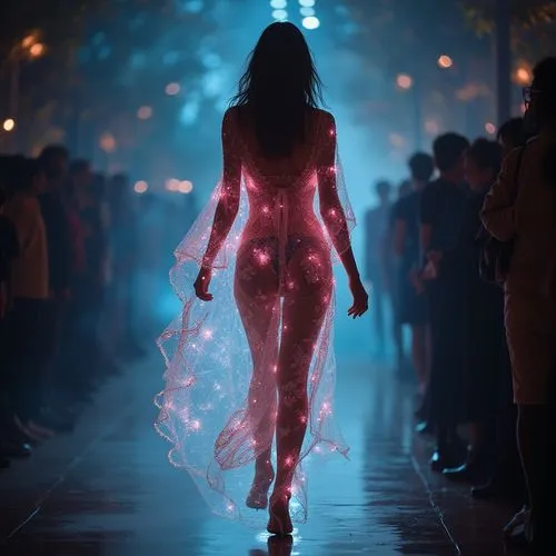 girl walking away,hologram,neon body painting,woman walking,luminous,fire dancer,Photography,Artistic Photography,Artistic Photography 01