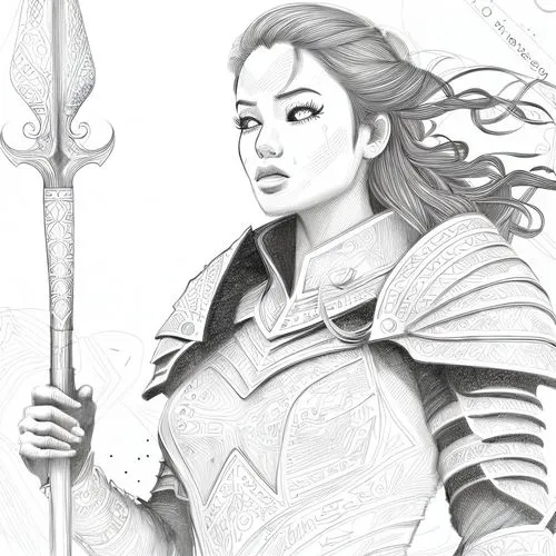 female warrior,swordswoman,joan of arc,mulan,paladin,warrior woman,half orc,fantasy portrait,jaya,sterntaler,artemisia,heroic fantasy,pencil drawing,fantasy warrior,pencils,huntress,wind warrior,fantasy woman,coloring page,catarina,Design Sketch,Design Sketch,Character Sketch