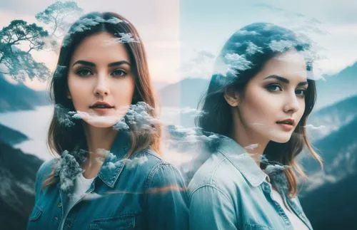 two pictures, one with an image of a young woman and the other with a face up in front of mountains,vaanii,vaani,neerja,kazbegi,naina,winget,Photography,Artistic Photography,Artistic Photography 07