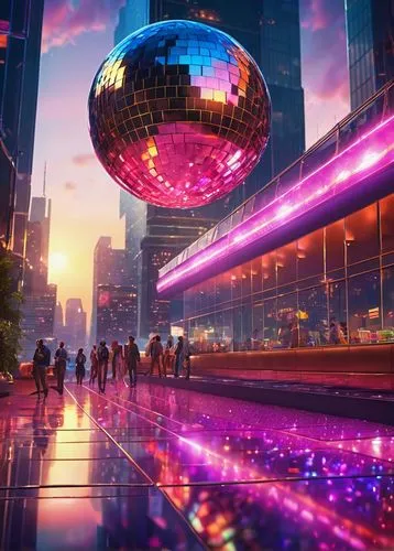 disco,disco ball,mirror ball,prism ball,epcot ball,cybercity,mirrorball,futuristic landscape,futuristic,futurepop,musical dome,fantasy city,sky space concept,radio city music hall,cosmosphere,technosphere,futurist,urbanworld,discoidal,discotheque,Illustration,Realistic Fantasy,Realistic Fantasy 38