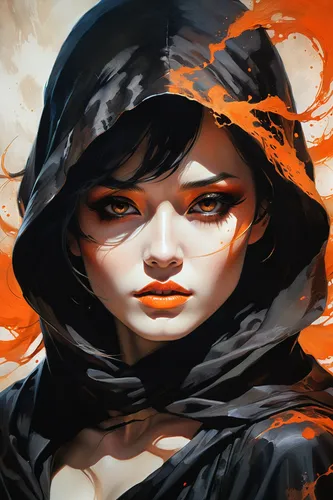 sorceress,world digital painting,digital painting,fiery,mage,transistor,orange rose,rosa ' amber cover,raven rook,orange,fantasy portrait,orange robes,mystical portrait of a girl,flame spirit,cloak,hooded,red riding hood,orange eyes,clementine,fire siren,Conceptual Art,Oil color,Oil Color 04