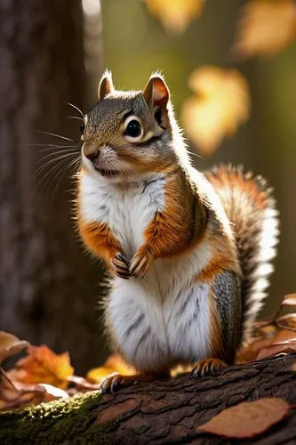 Fluffy chipmunk squirrel hybrid, standing on hind legs, bushy tail, whiskers, cute nose twitching, shiny brown eyes, soft furry body, tiny paws, claws, white undersides, grayish-brown back, striped pa