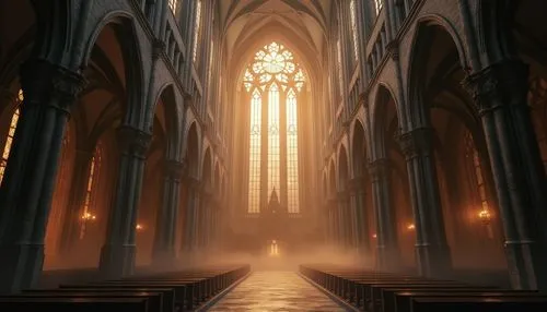 Ethereal cathedral, soaring vertical lines, ribbed vaults, pointed arches, intricate stone carvings, stained glass windows, grandiose entranceways, ornate sculptures, mystical ambiance, dramatic chiar