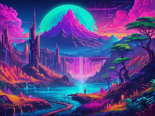 futuristic landscape,fantasy landscape,alien world,colorful background,vapor,unicorn background,vast,mushroom landscape,colorful city,80's design,purple landscape,art background,alien planet,lagoon,mountain world,landscape background,3d fantasy,acid lake,background colorful,valley,Conceptual Art,Sci-Fi,Sci-Fi 27