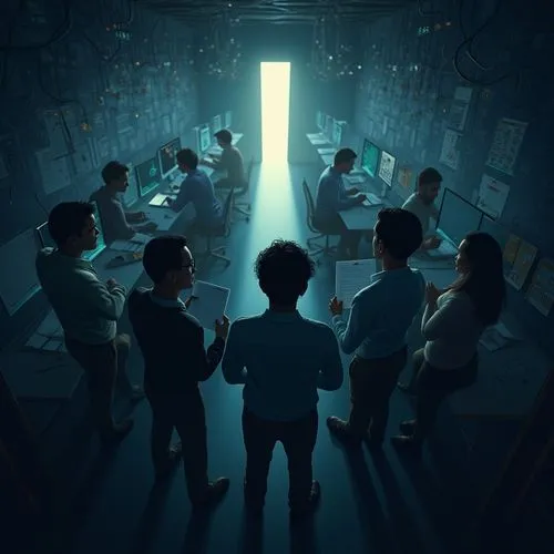 sci fiction illustration,computer room,the server room,confinement,passengers,prisoners