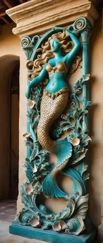 Tuscan-style mermaid-themed architectural wall pediment, intricate stone carvings, shimmering turquoise scales, flowing golden locks, seashell bra, delicate seaweed-adorned tail, ornate pedestal, rust