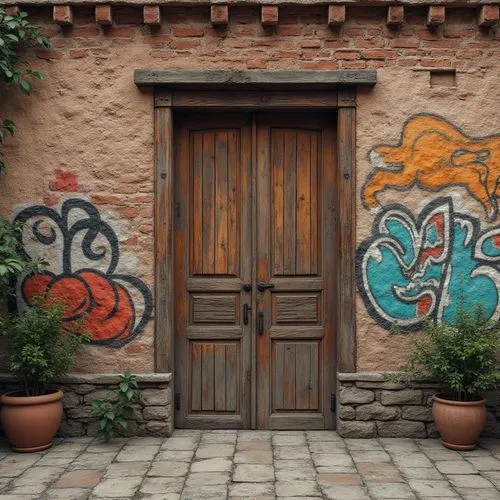 terracotta tiles,garden door,entryways,doorways,puertas,portal,decorative letters,antigua guatemala,graffiti,wall painting,tlaquepaque,courtyards,wooden door,exterior decoration,degrazia,graffiti art,puerta,doors,entryway,doorsteps,Photography,General,Realistic