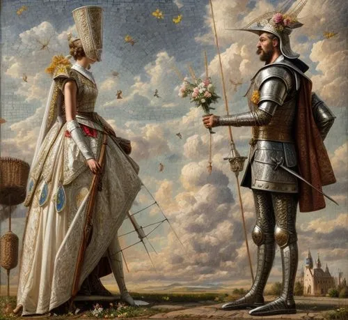 highly detailed Soviet mosaic art, Don QUIXOTE in armor, with an open visor and a large mustache, gives flowers to the white chess queen in an expensive medieval dress and high headdress. The couple s