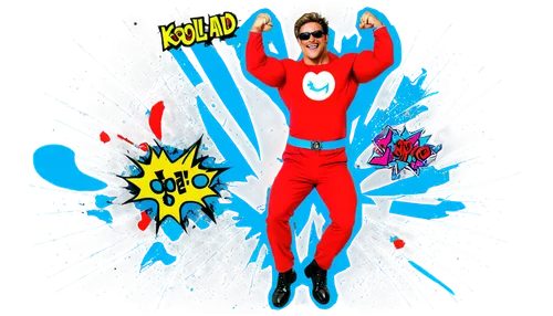 Kool-Aid Man, breaking through wall, muscular arms, colorful costume, big smile, sunglasses, messy hair, dynamic pose, bright colors, comic book style, high contrast, bold lines, explosive background,